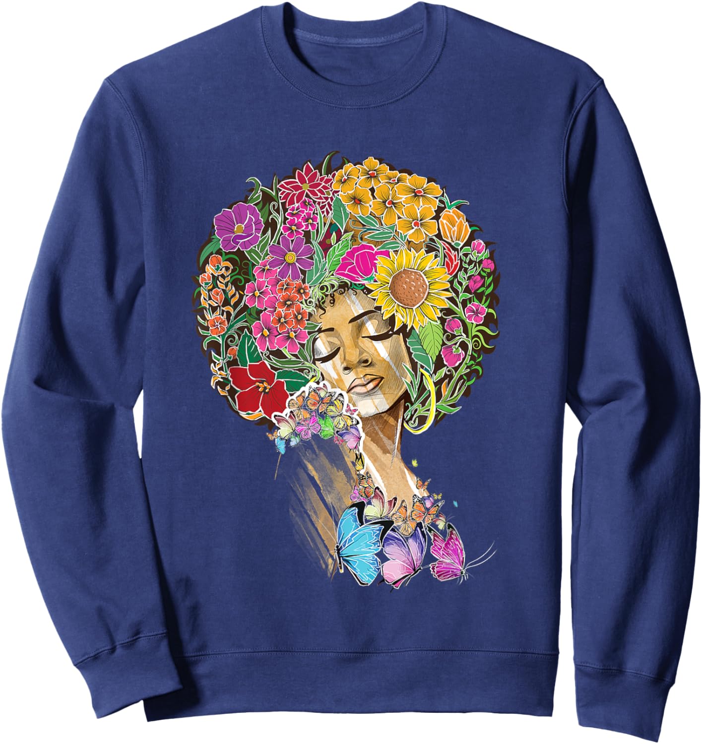 Afro Women Flowers Butterfly Latina African American Melanin Sweatshirt - Sweatshirt | Navy