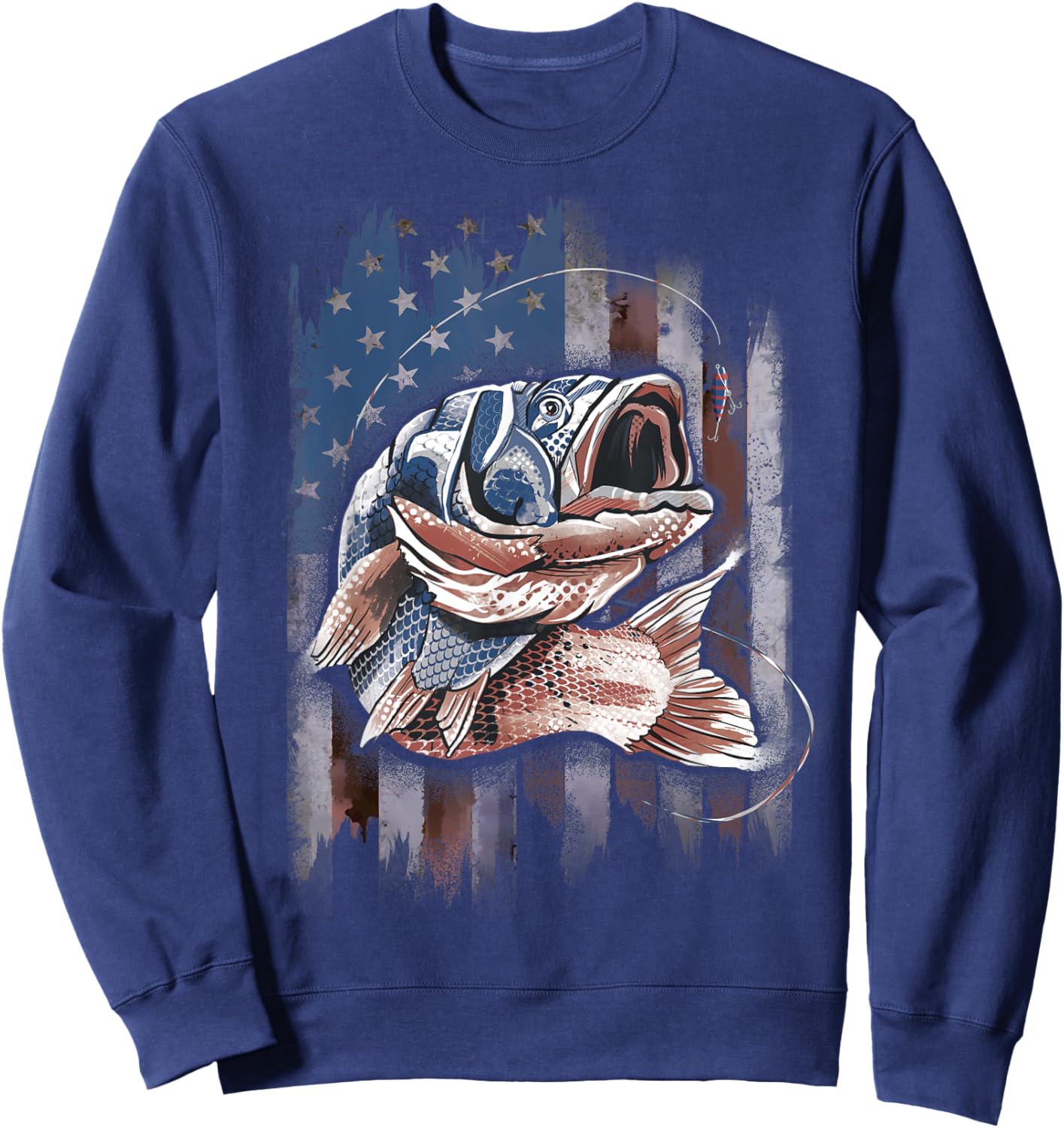 Patriotic Fishing 4th of July Men Amercian Flag Bass Fishing Sweatshirt - Sweatshirt | Navy