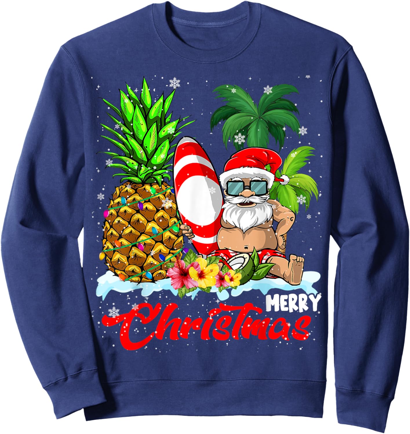 Merry Christmas Xmas Lights Santa Surfing Hawaiian Pineapple Sweatshirt - Sweatshirt | Navy