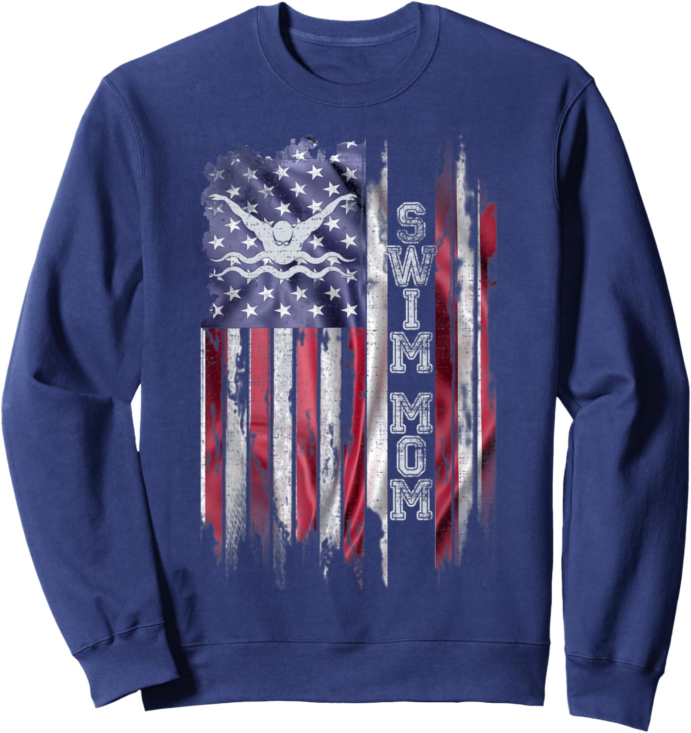 Vintage USA Flag Proud Swimming Mom Swim Swimmer Silhouette Women Kids Men Sweatshirt - Sweatshirt | Navy