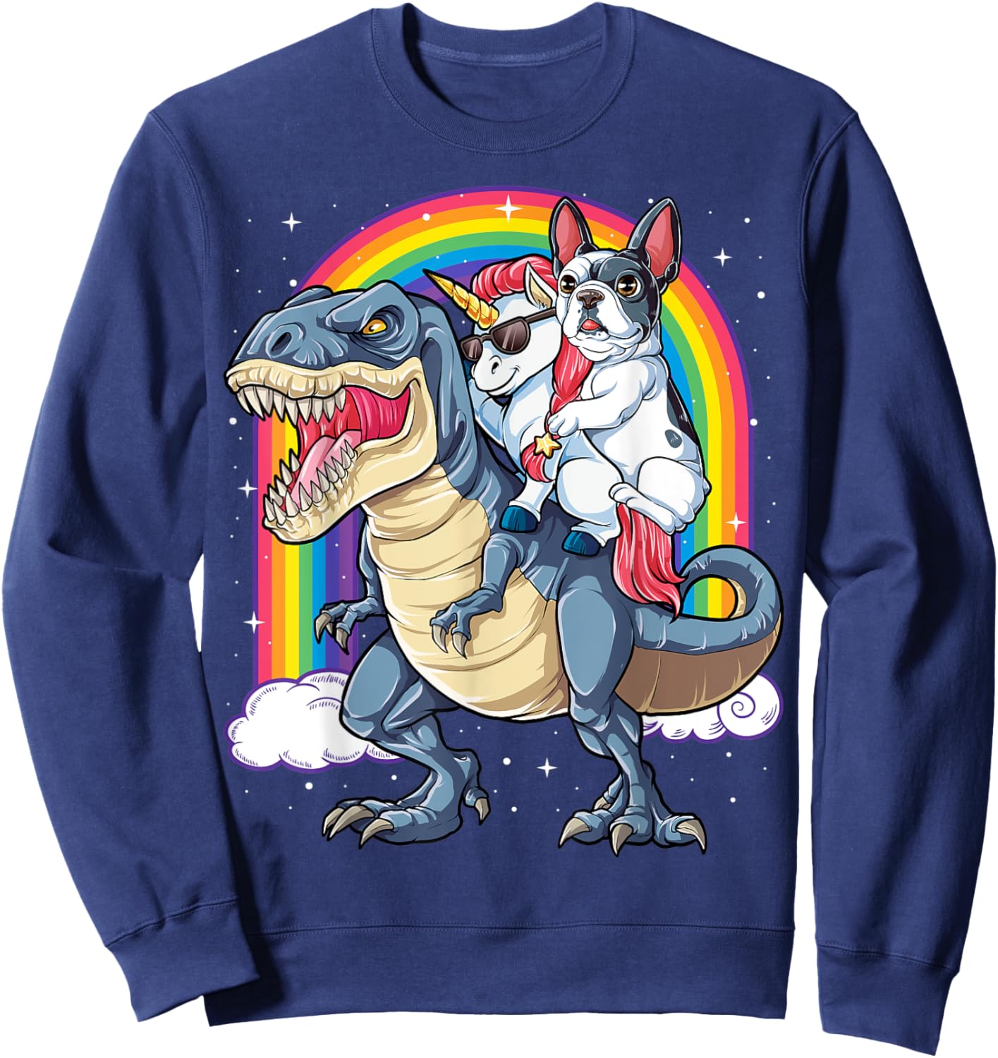 French Bulldog Unicorn Riding Dinosaur T rex Gifts Girls Sweatshirt - Sweatshirt | Navy