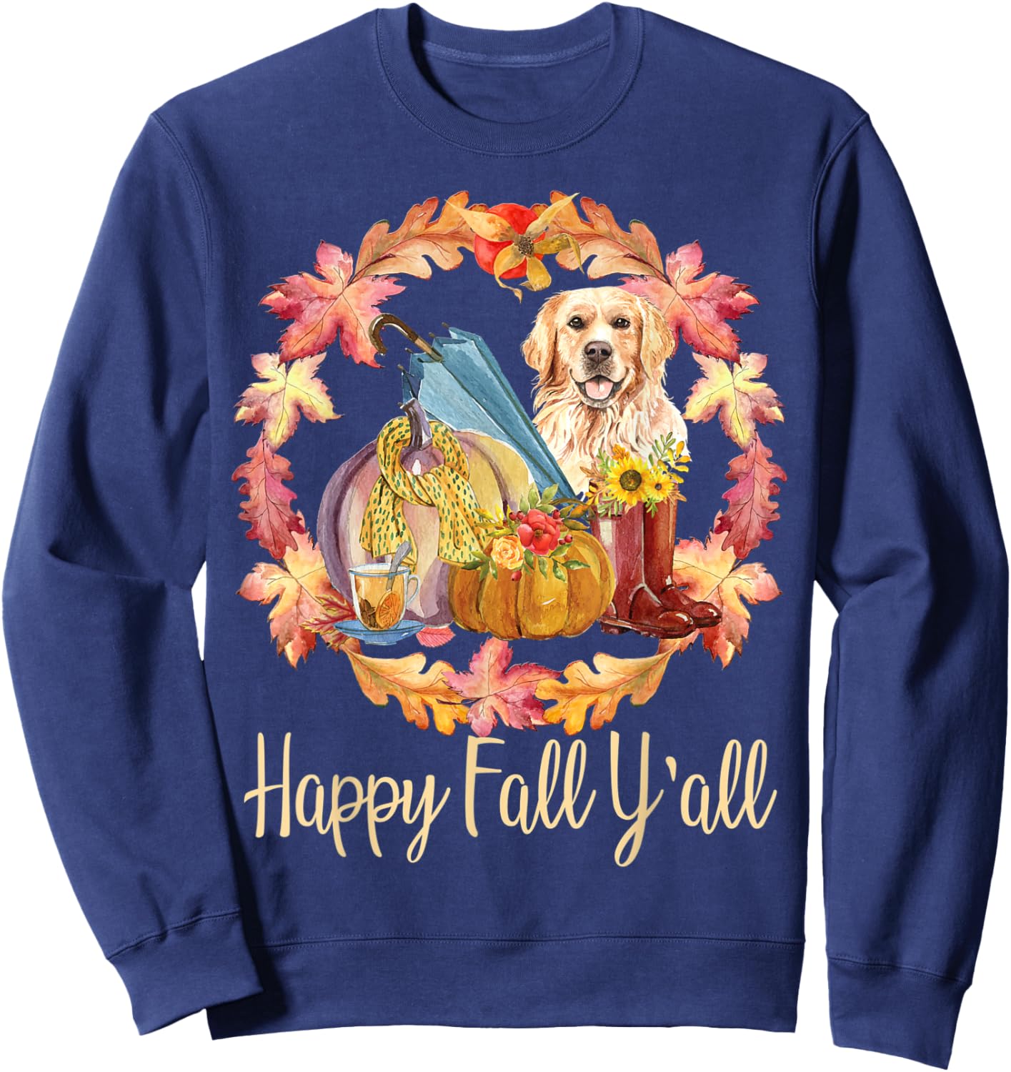 Cute Autumn Fall Dog Lover Golden Retriever Happy Fall Y'all Sweatshirt - Sweatshirt | Navy
