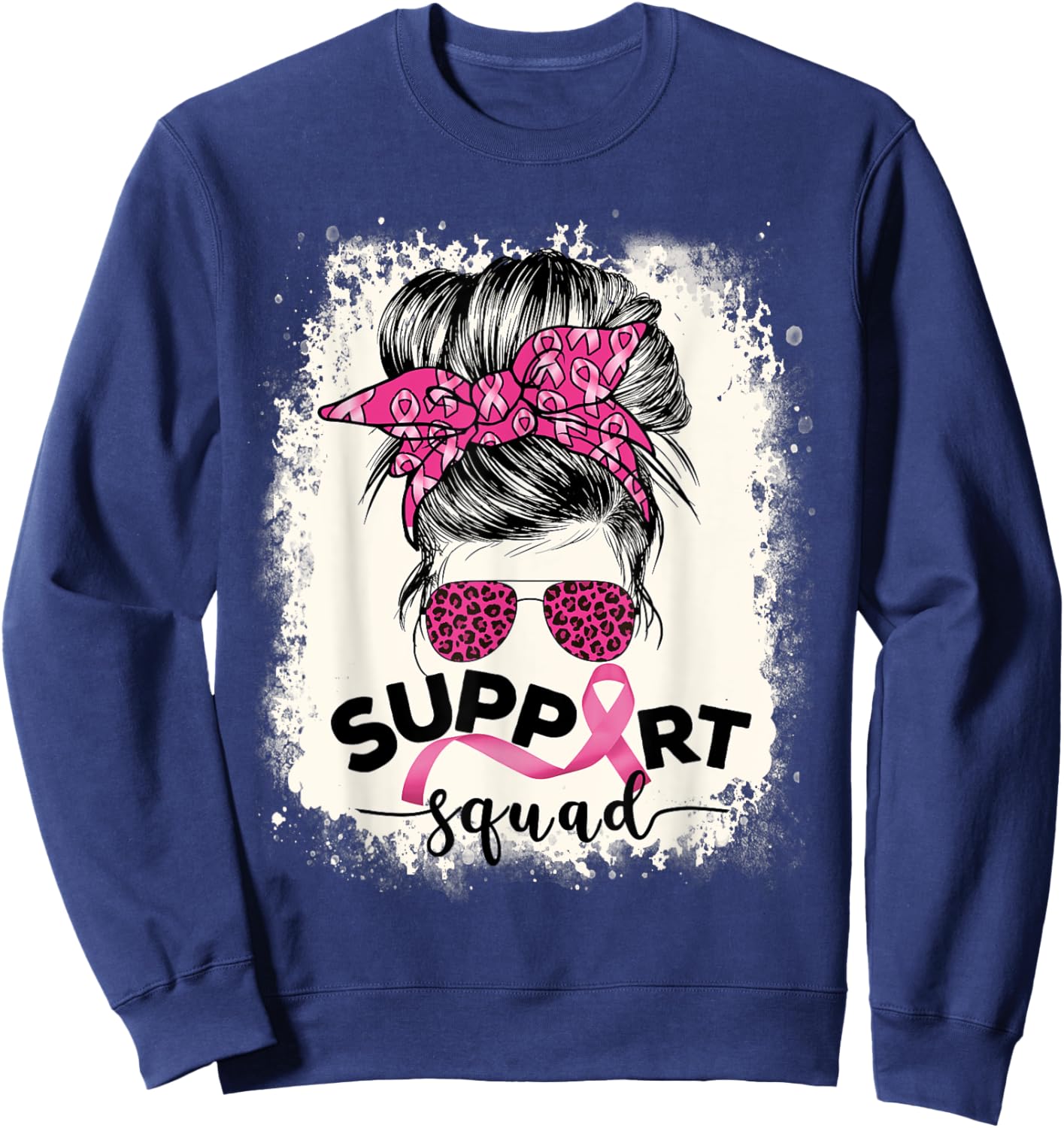Support Squad Messy Bun Breast Cancer Awareness Pink Warrior Sweatshirt - Sweatshirt | Navy
