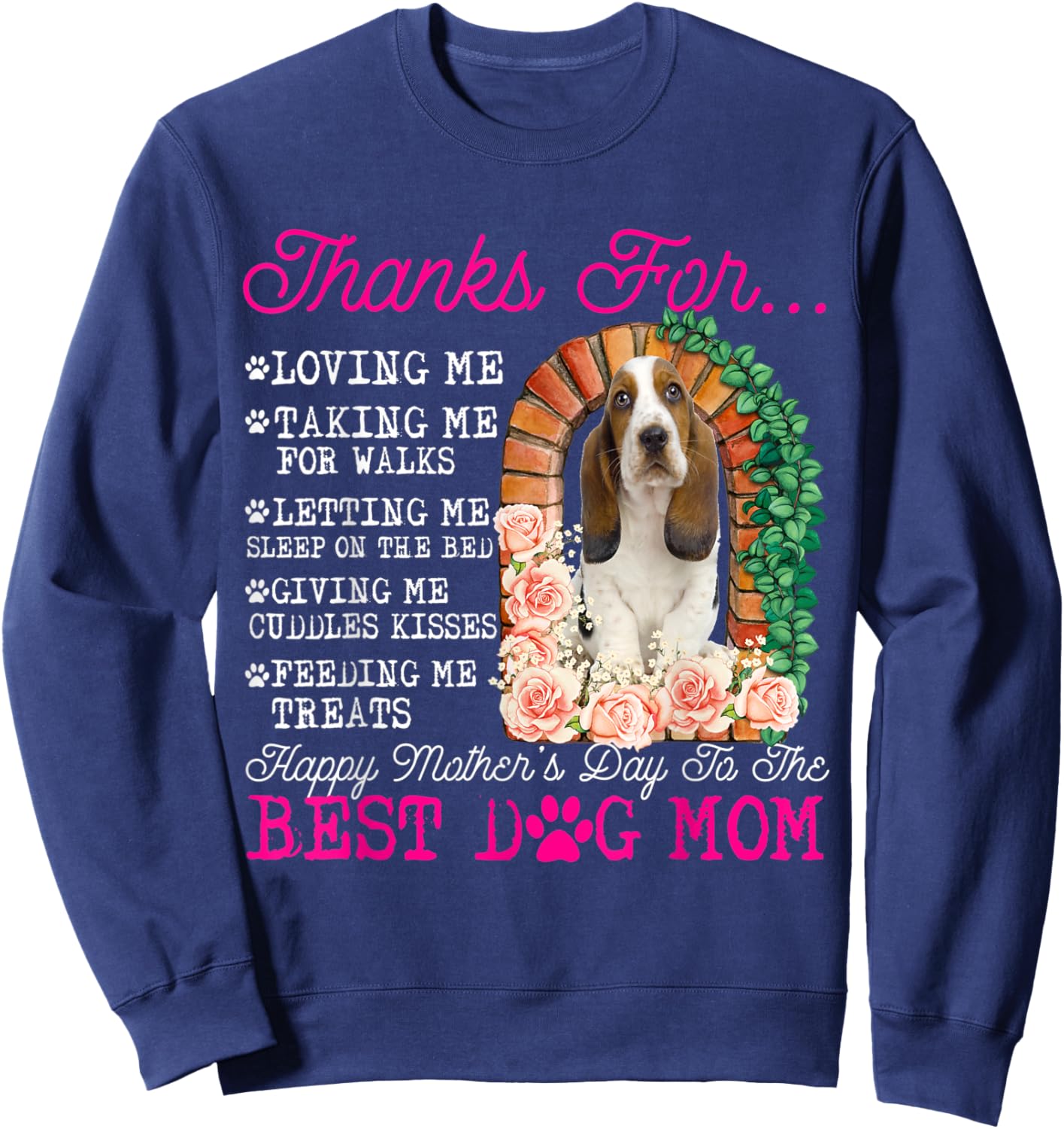 Funny Happy Mother's Day Best Dog Mom Cute Basset Hound Dog Men Women Kids Sweatshirt - Sweatshirt | Navy