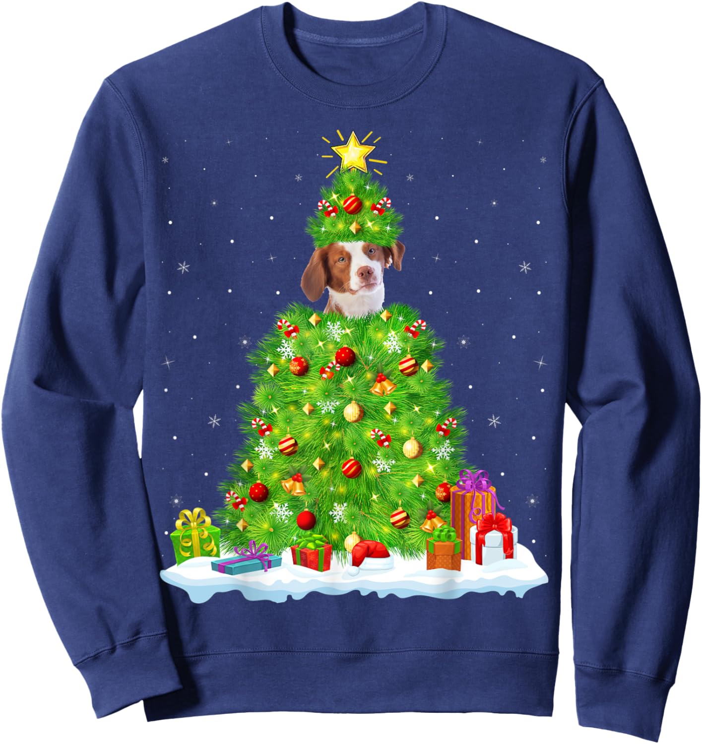 Xmas Lighting Matching Funny Brittany Spaniel Christmas Tree Sweatshirt - Sweatshirt | Navy