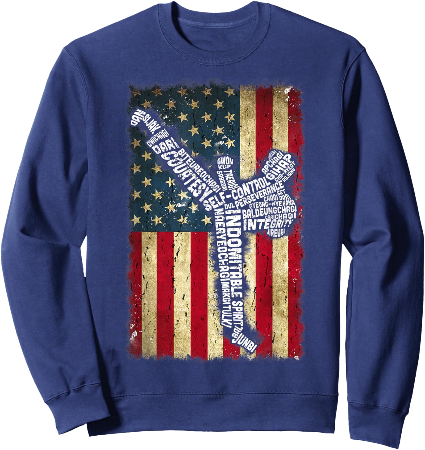 USA Flag Taekwondo Fighter 5 Tenets Of TKD Typography Sweatshirt - Sweatshirt | Navy