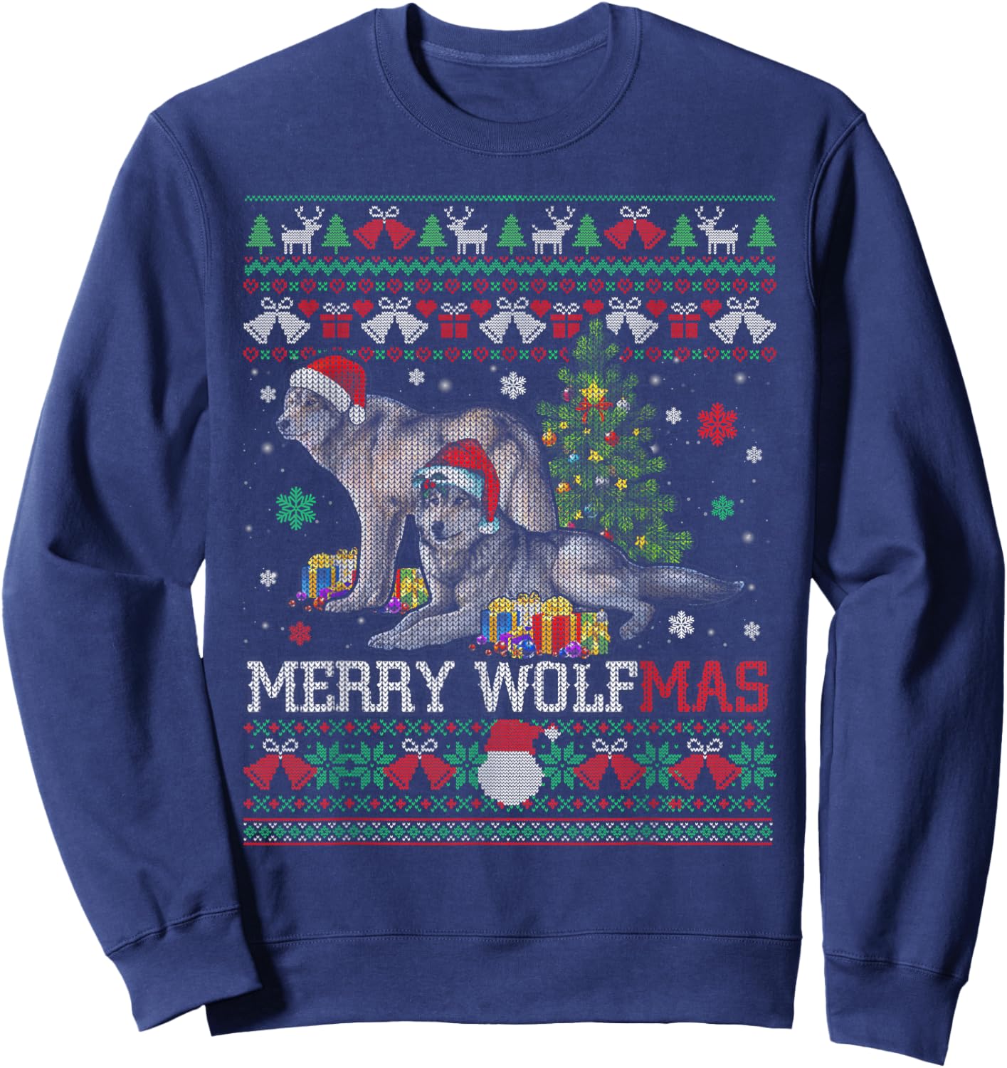 Merry Wolfmas Merry Christmas Wolf Ugly Sweater Sweatshirt - Sweatshirt | Navy