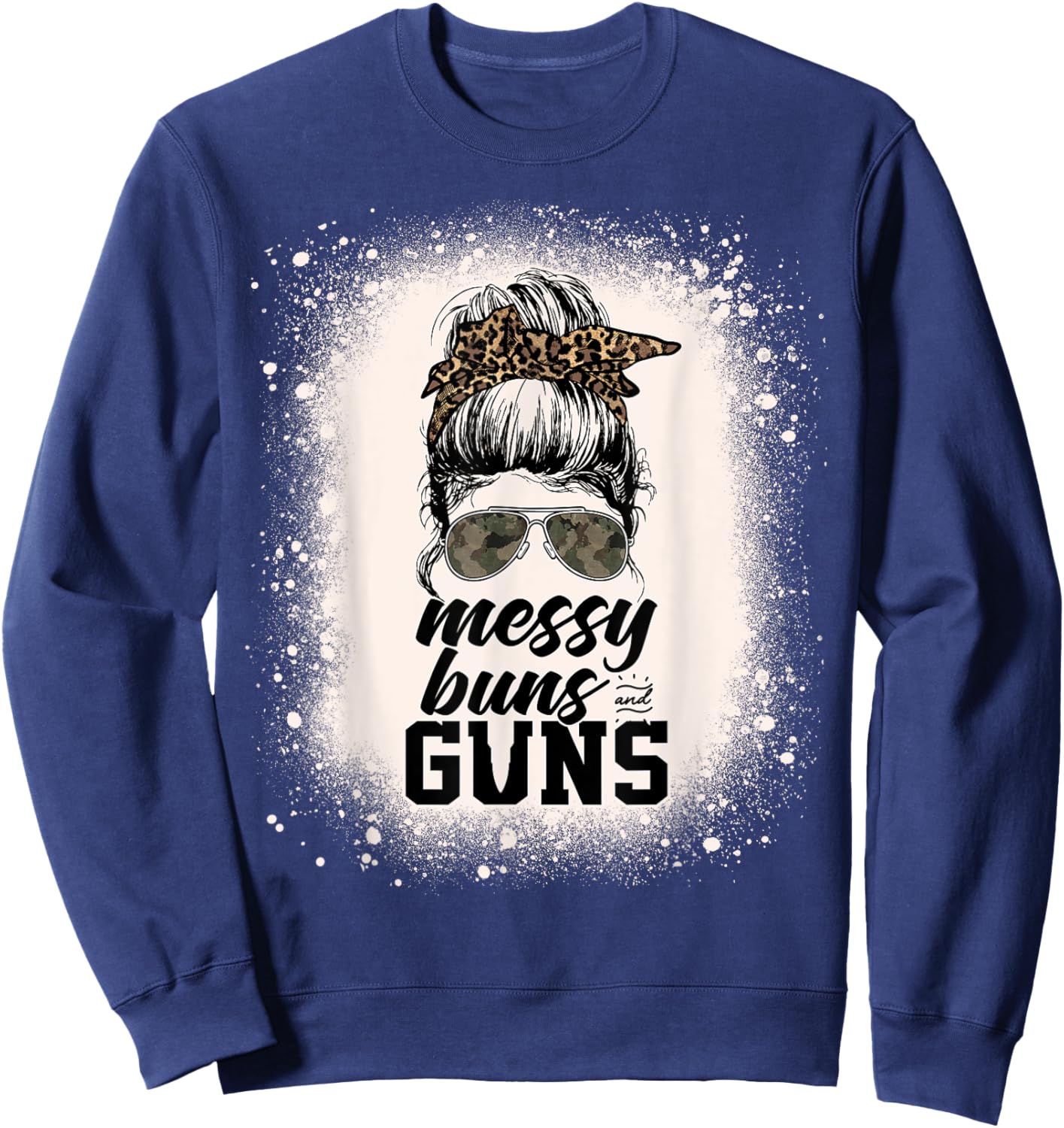 Messy Buns And Guns Leopard Camo Women Messy Bun Bleached Sweatshirt - Sweatshirt | Navy