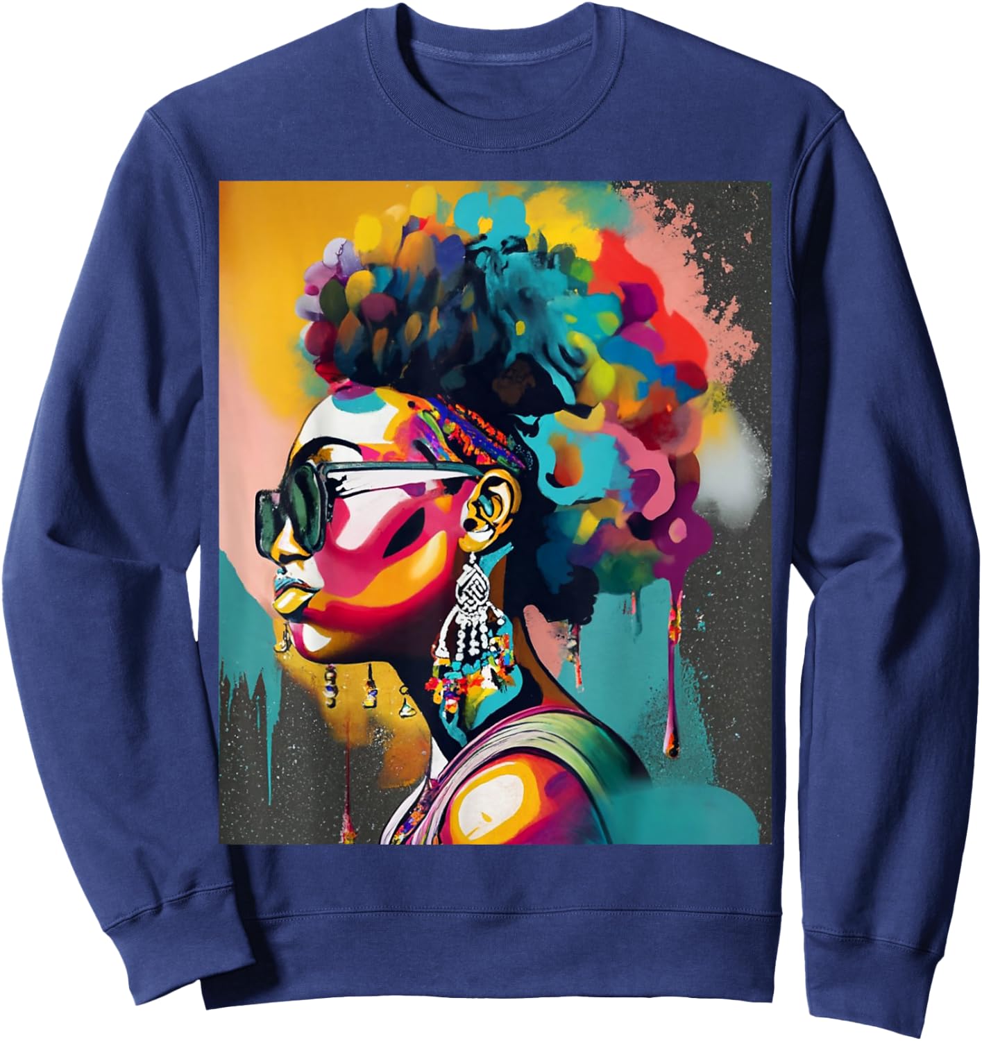 Colorful Art Black Queen Afro Melanin Dripping Juneteenth Sweatshirt - Sweatshirt | Navy