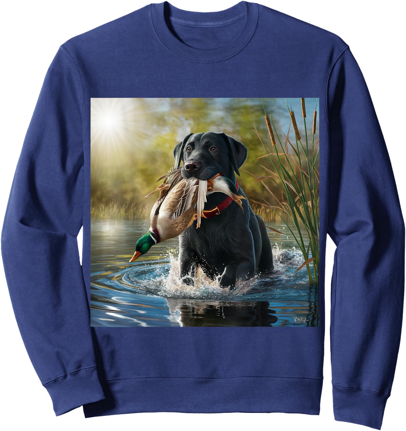Black Labrador Retriever dog hunting ducks in a pond. Men Women Sweatshirt - Sweatshirt | Navy