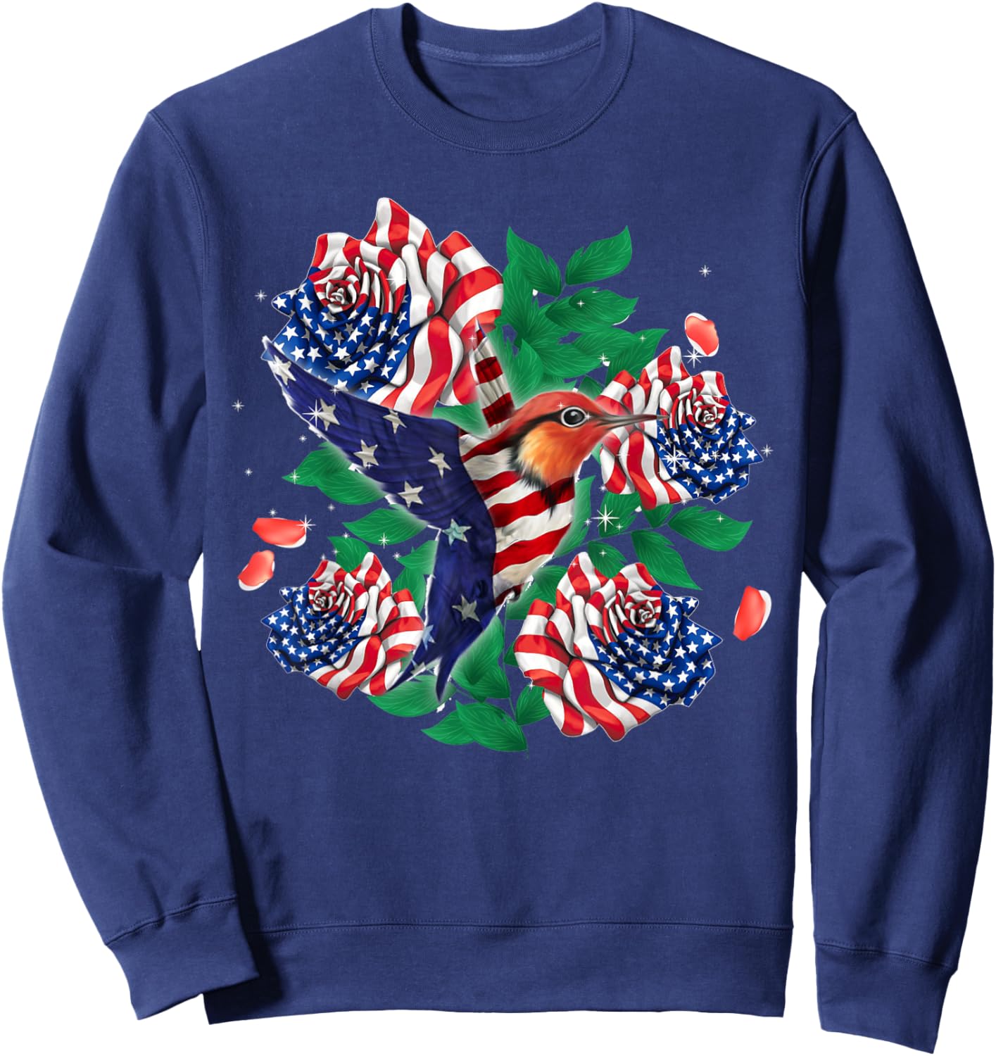 Hummingbird and Rose American Flag Patriotic 4th Of July Men Sweatshirt - Sweatshirt | Navy