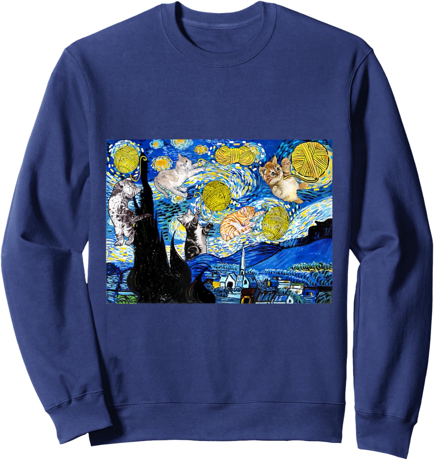 Cat Graphic, Starry Night Cat, Van Gogh Cat, Cat Lover Sweatshirt - Sweatshirt | Navy