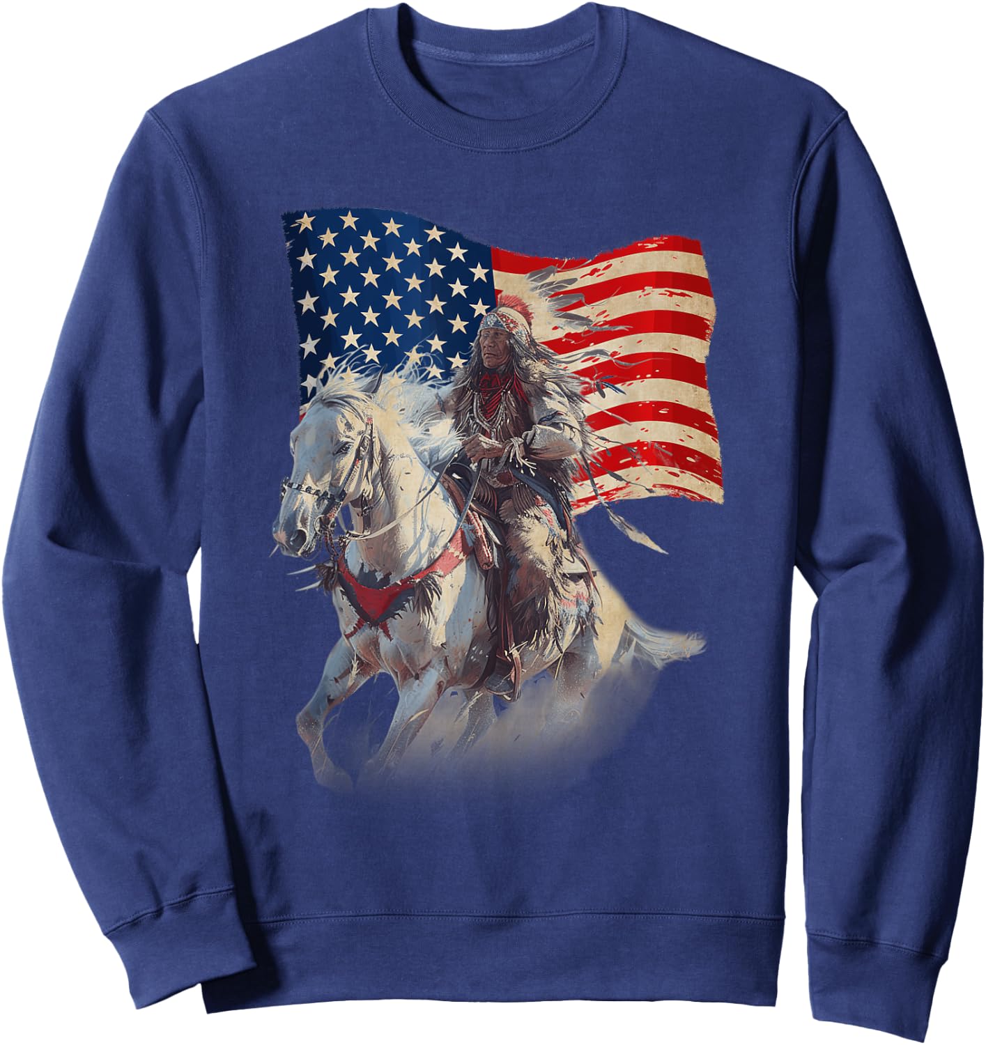 Native American Day Flag Indian Riding Horse 4th of July Sweatshirt - Sweatshirt | Navy