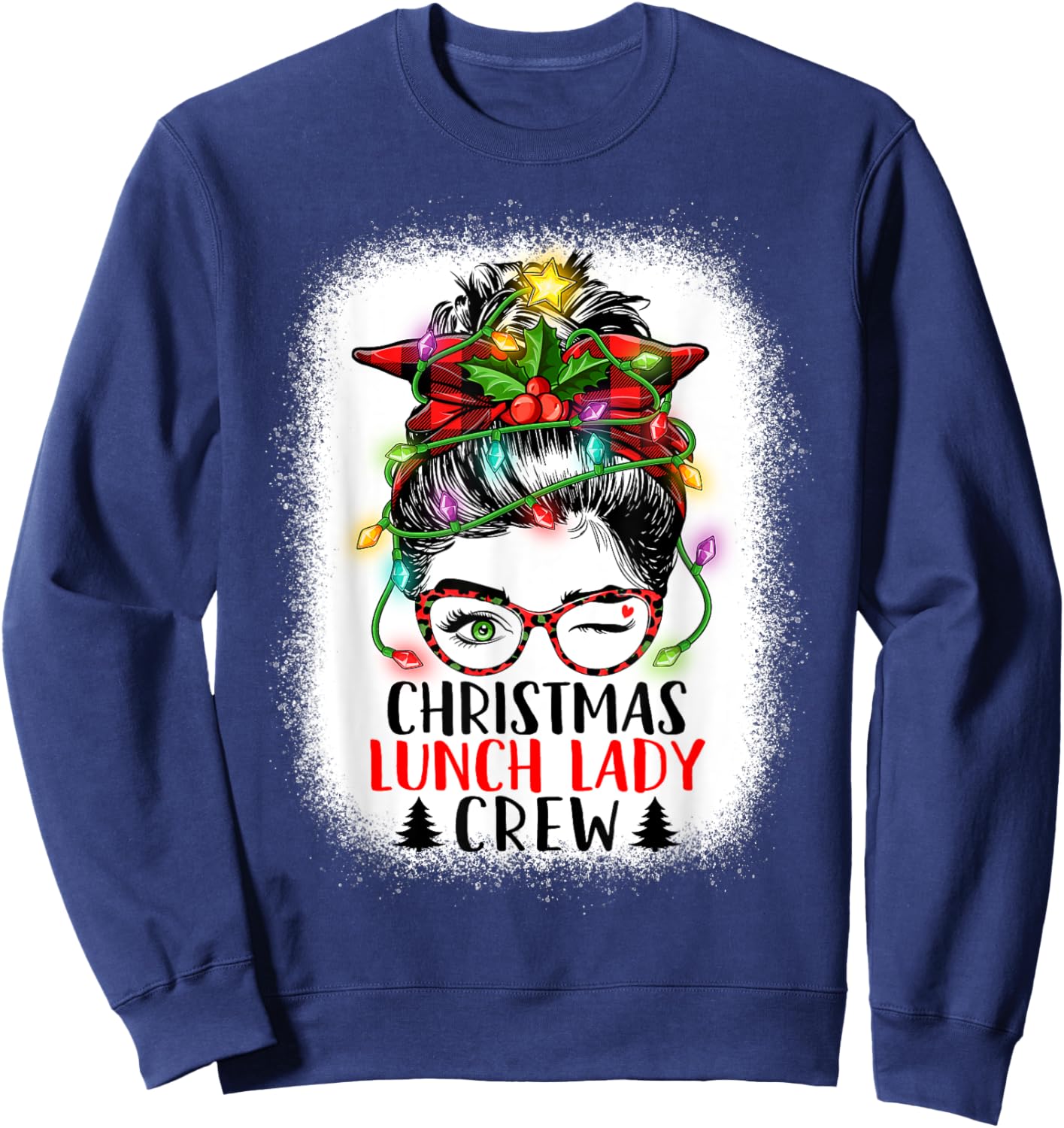 Christmas Lunch Lady Crew Messy Bun Women Christmas Lights Sweatshirt - Sweatshirt | Navy