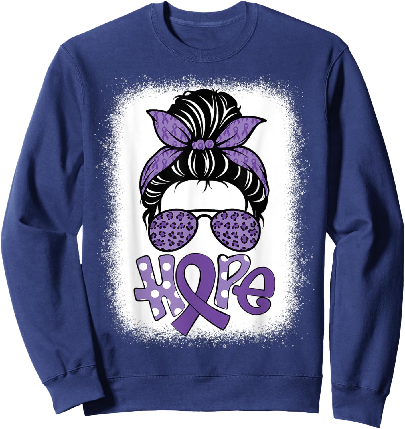 Bleached Hope Messy Bun Leopard Pancreatic Cancer Awareness Sweatshirt - Sweatshirt | Navy