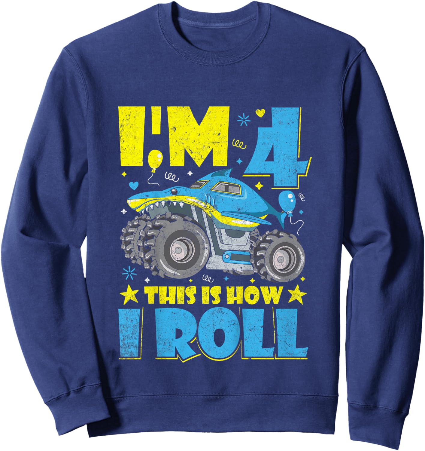 Monster Truck Shark 4th Birthday Boys and Girls Novelty Sweatshirt - Sweatshirt | Navy