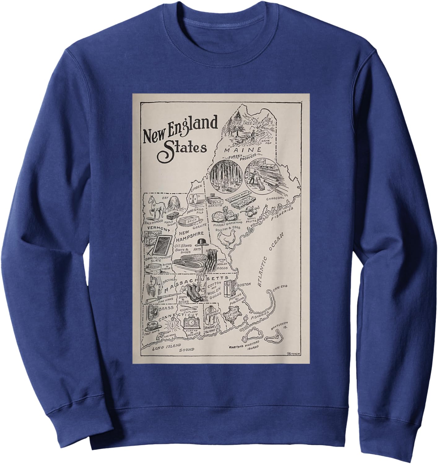 Historic New England Industries and Manufactured Goods Map Sweatshirt - Sweatshirt | Navy