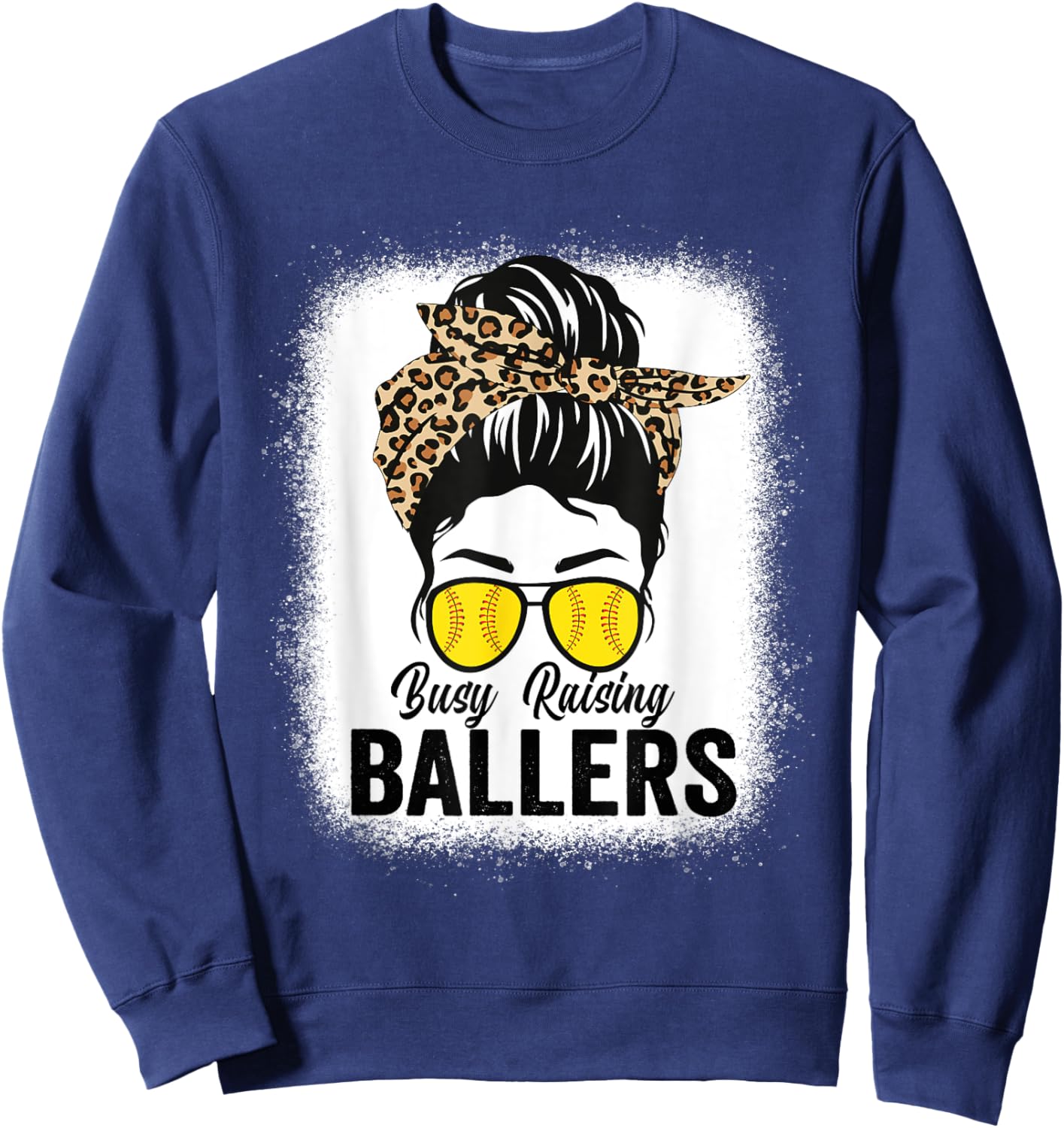 Busy Raising Ballers Softball Messy Bun Leopard Bleached Sweatshirt - Sweatshirt | Navy