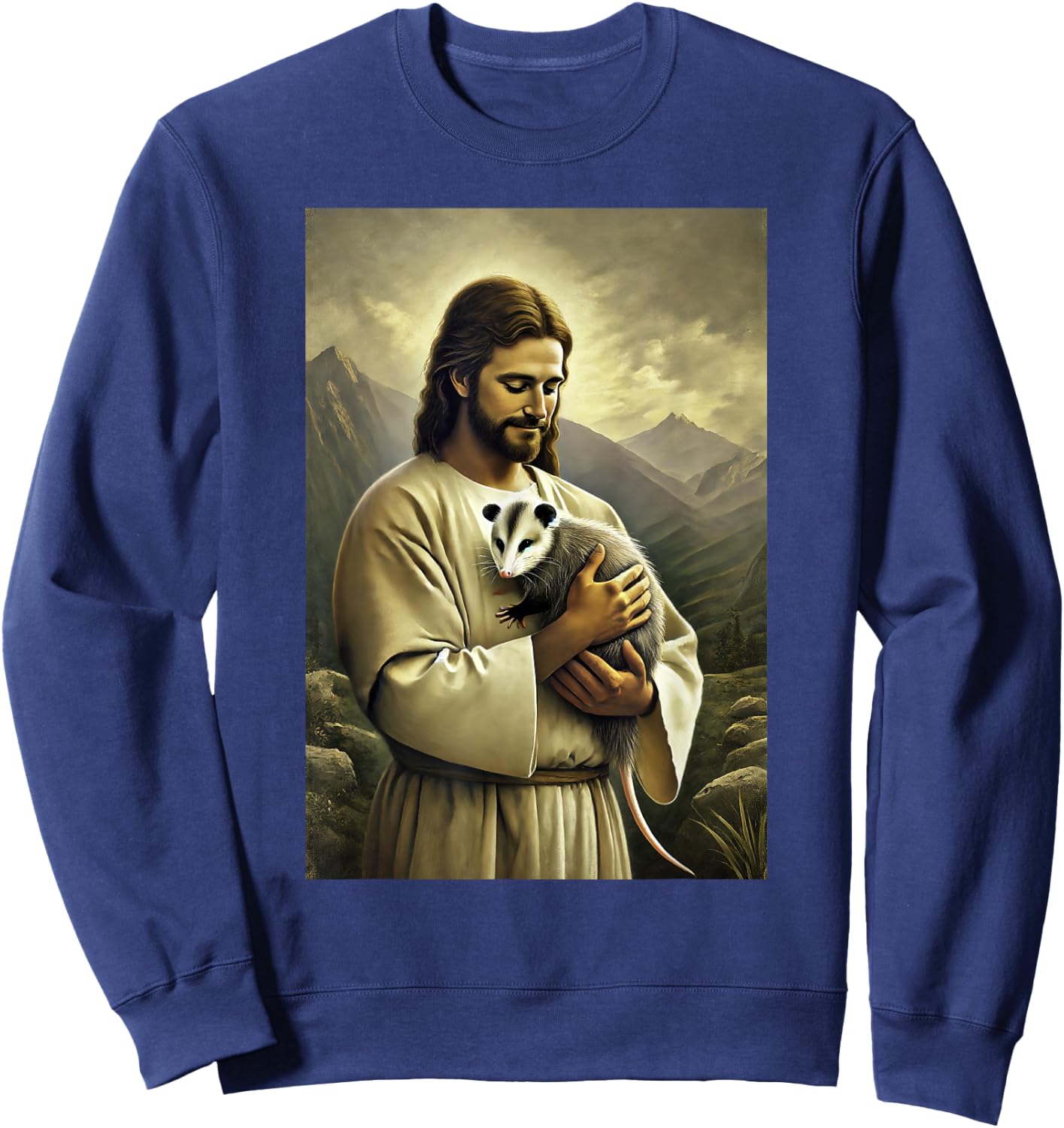 Funny Jesus Holding Opossum In His Arms Hilarious Possum Sweatshirt - Sweatshirt | Navy