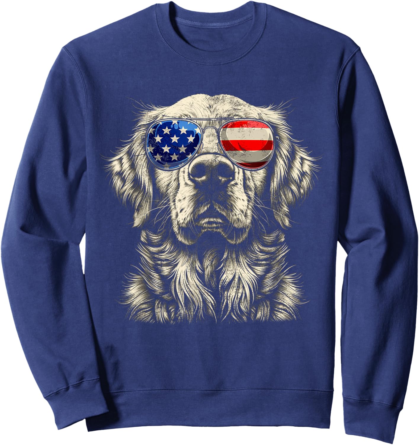 Vintage Art Golden Retrievers Dogs Wearing USA Flag Glasses Sweatshirt - Sweatshirt | Navy