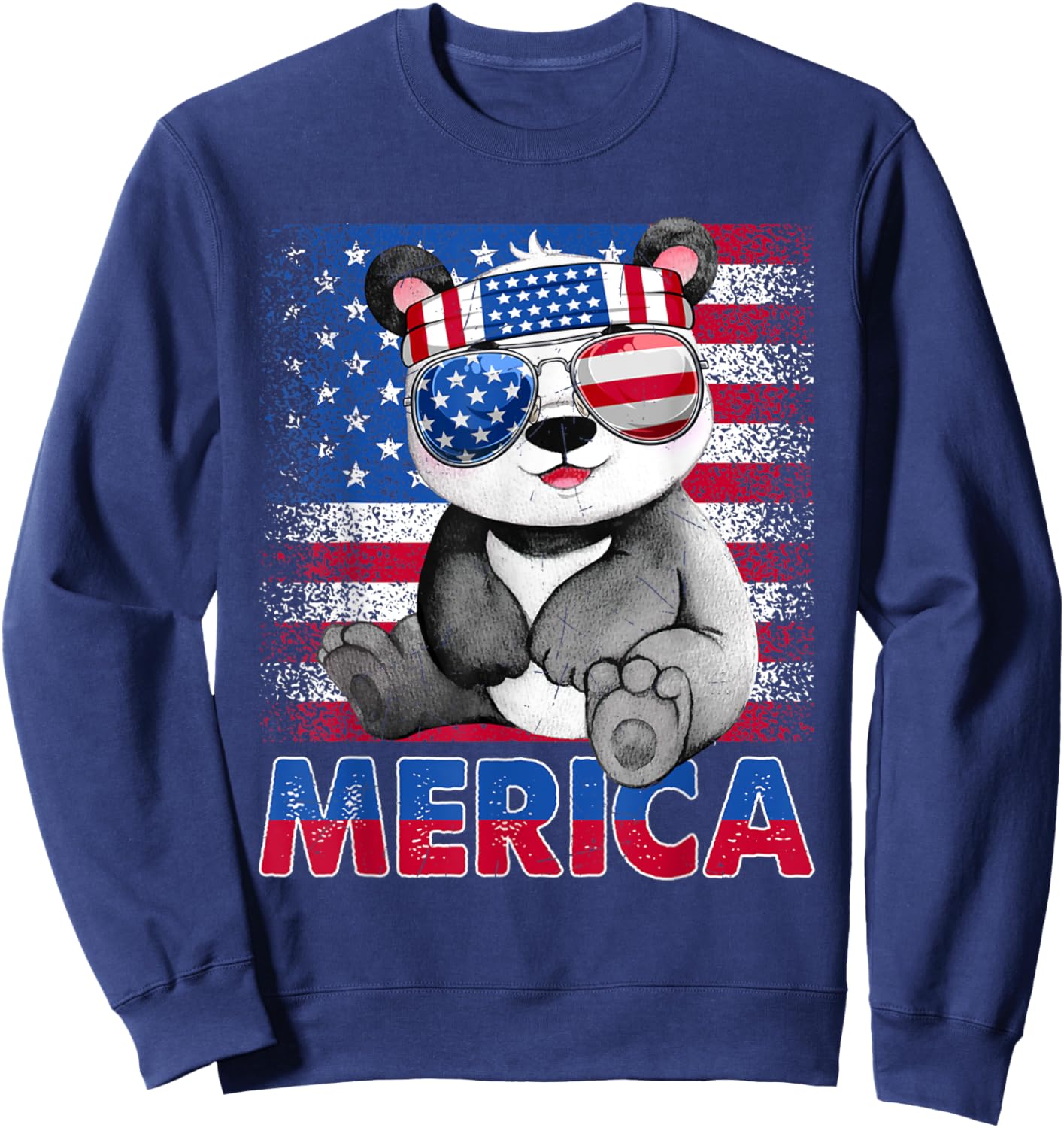 Funny Merica Panda Bear With USA Flag Headband 4th Of July Sweatshirt - Sweatshirt | Navy