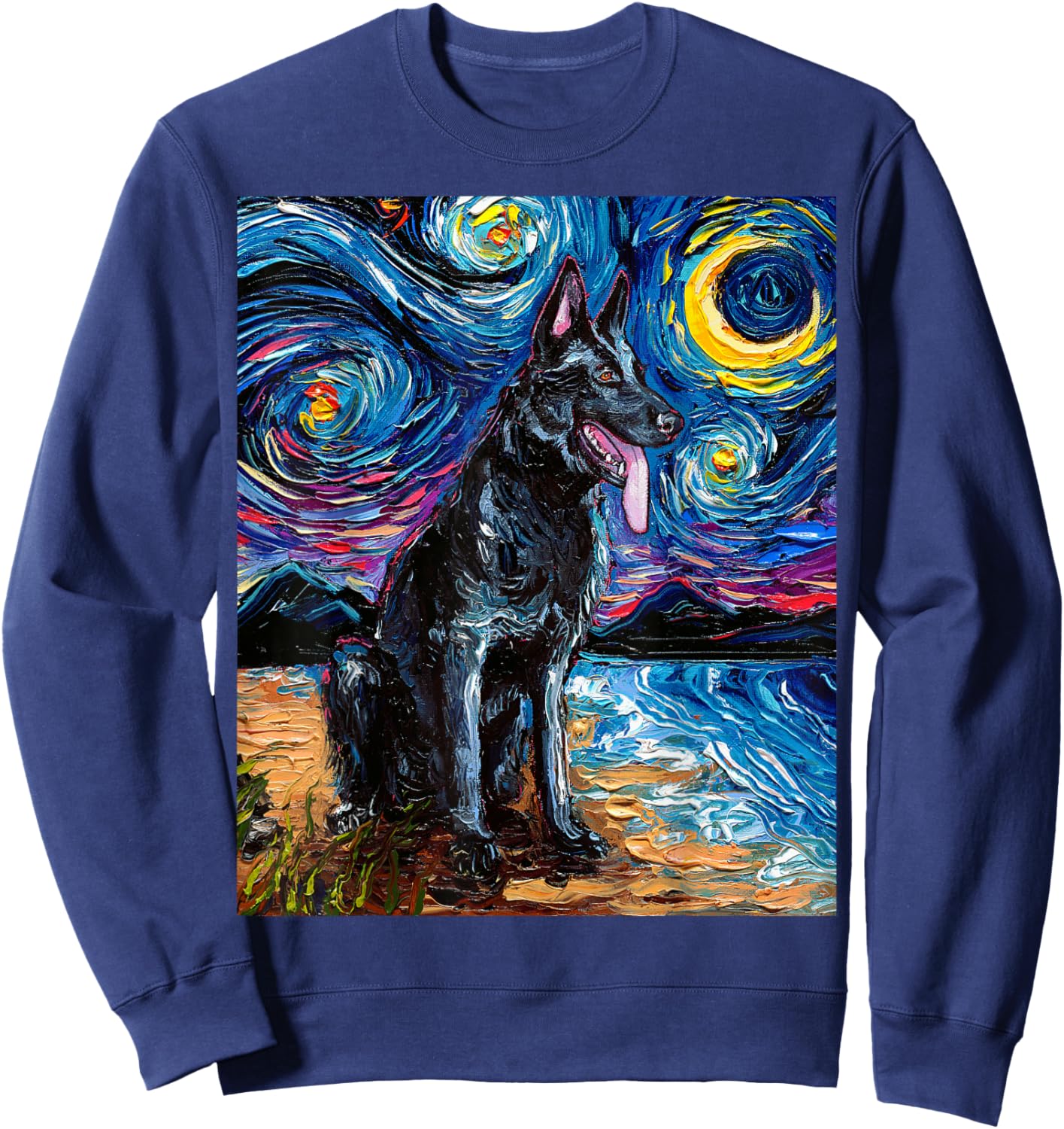 Black German Shepherd Starry Night Dog and Moon GSD Artwork Sweatshirt - Sweatshirt | Navy