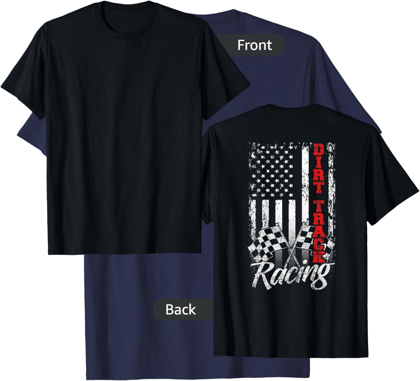 American Flag Dirt Track Racing Car Bike Driver - Back Print Girls Kids Men T-Shirt - T-Shirt | Navy