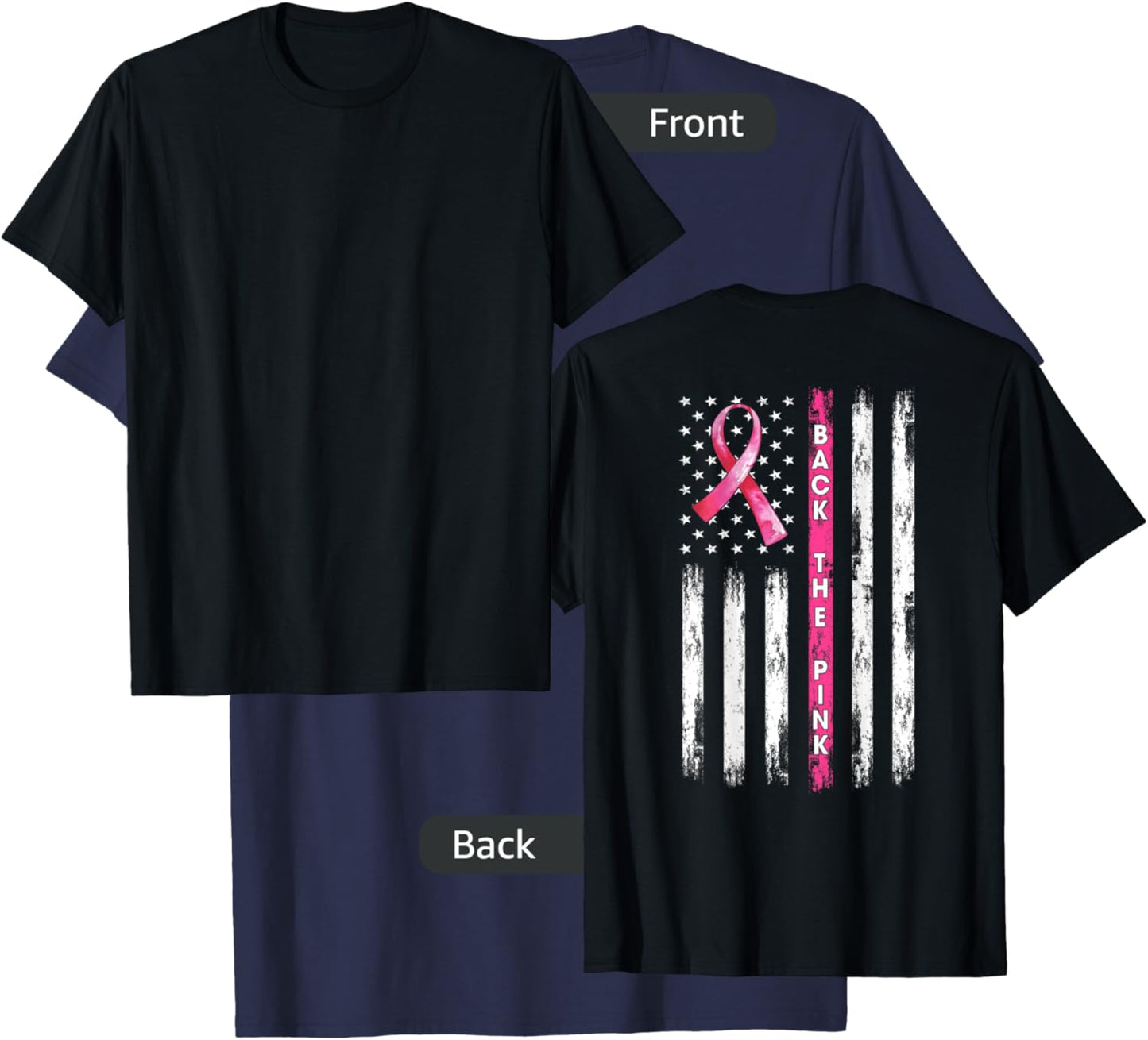 Back The Pink Ribbon American Flag Breast Cancer Awareness Small T-Shirt - T-Shirt | Navy