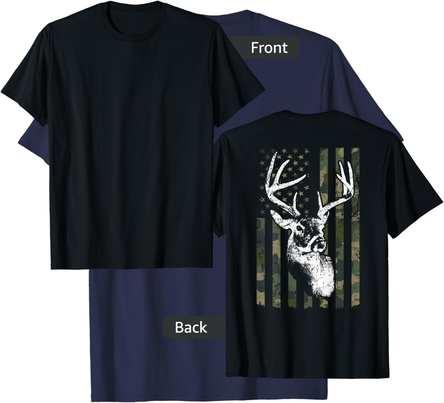 Whitetail Buck Deer Hunting USA Camouflage Flag - ON BACK T-Shirt - T-Shirt | Navy