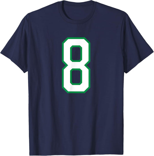 Number #8 White Green Varsity Number T-Shirt - T-Shirt | Navy