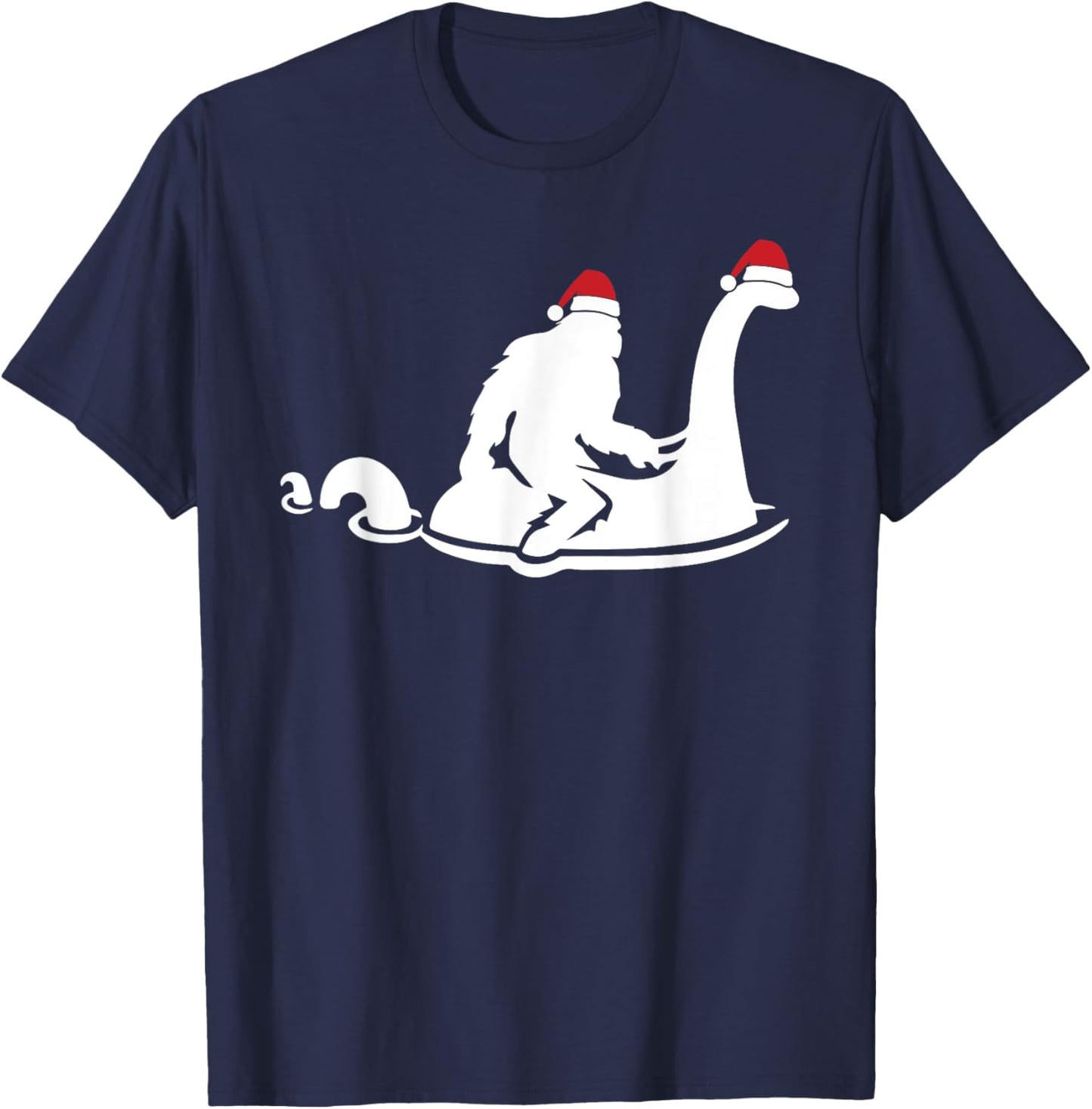 Bigfoot Riding Loch Ness Monster Christmas Funny XMas Pajama T-Shirt - T-Shirt | Navy