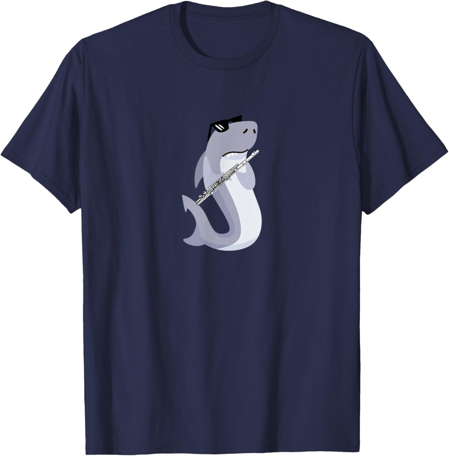 Funny Shark Wearing Sunglasses Playing Flute T-Shirt - T-Shirt | Navy