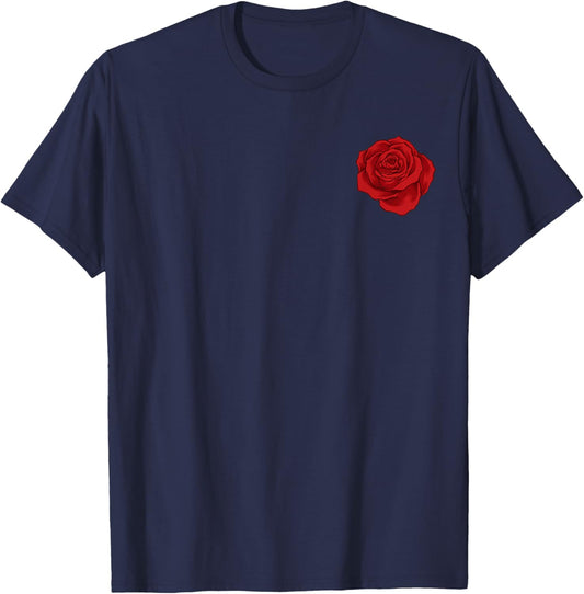 Single Red Rose Pocket Flower Romantic Love Pocket T-Shirt - T-Shirt | Navy