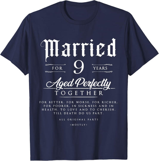 9th Wedding Anniversary Couple Gift 9 Years Married T-Shirt - T-Shirt | Navy