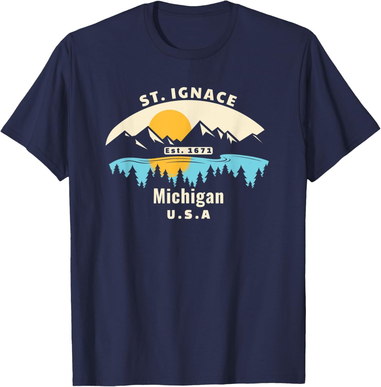 St. Ignace Michigan Souvenir Mountain Sunset River T-Shirt - T-Shirt | Navy