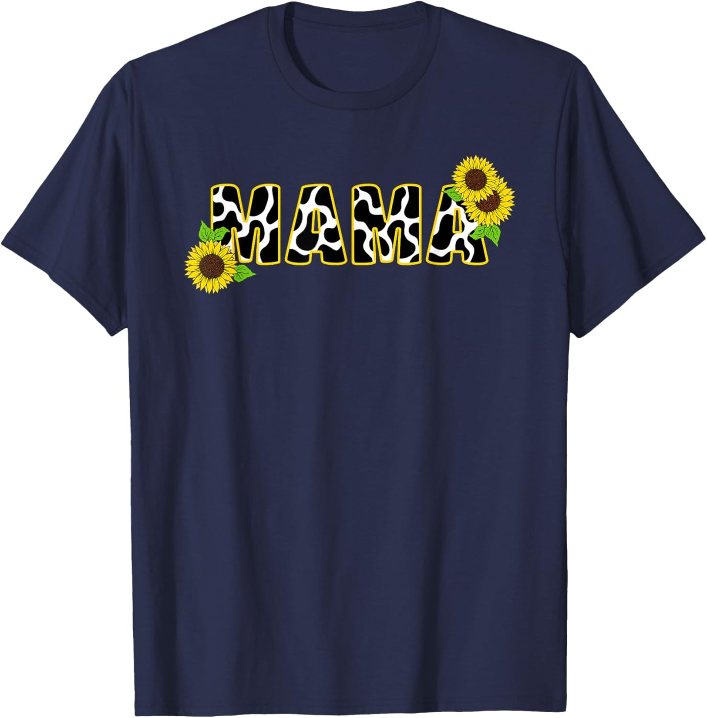 Cute Mama Cow Print Sunflower Mother Flower Mom T-Shirt - T-Shirt | Navy