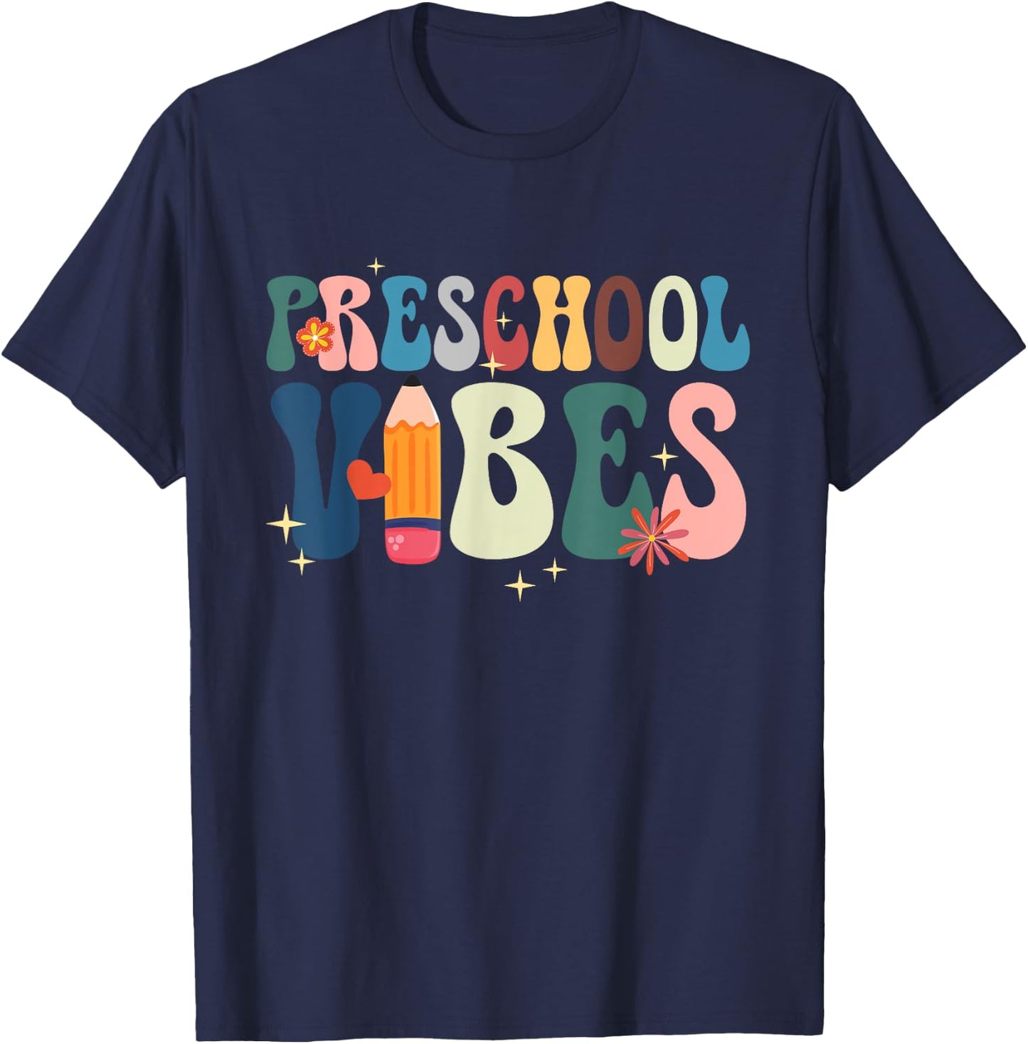 Hello Preschool Teacher Student Retro Groovy Preschool Vibes T-Shirt - T-Shirt | Navy