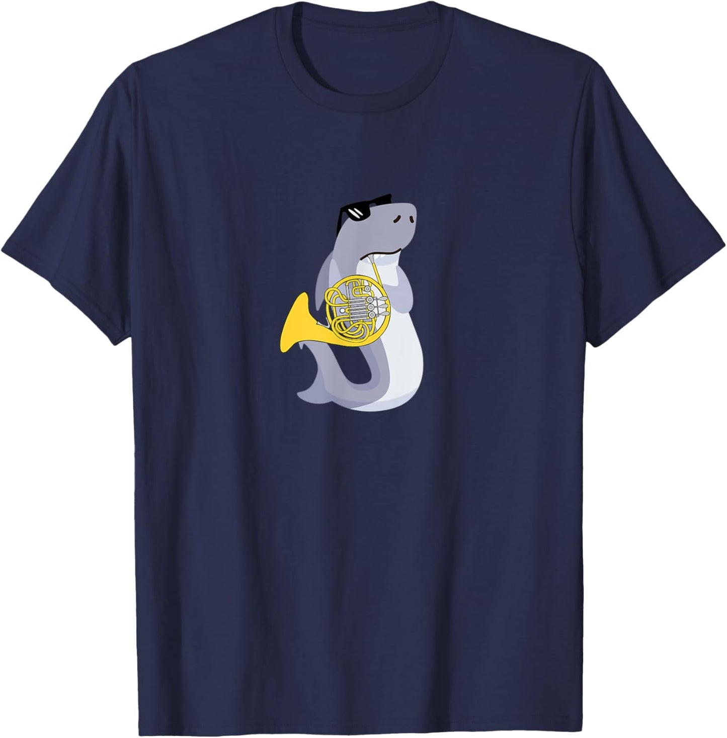 Funny Shark Wearing Sunglasses Playing French Horn T-Shirt - T-Shirt | Navy