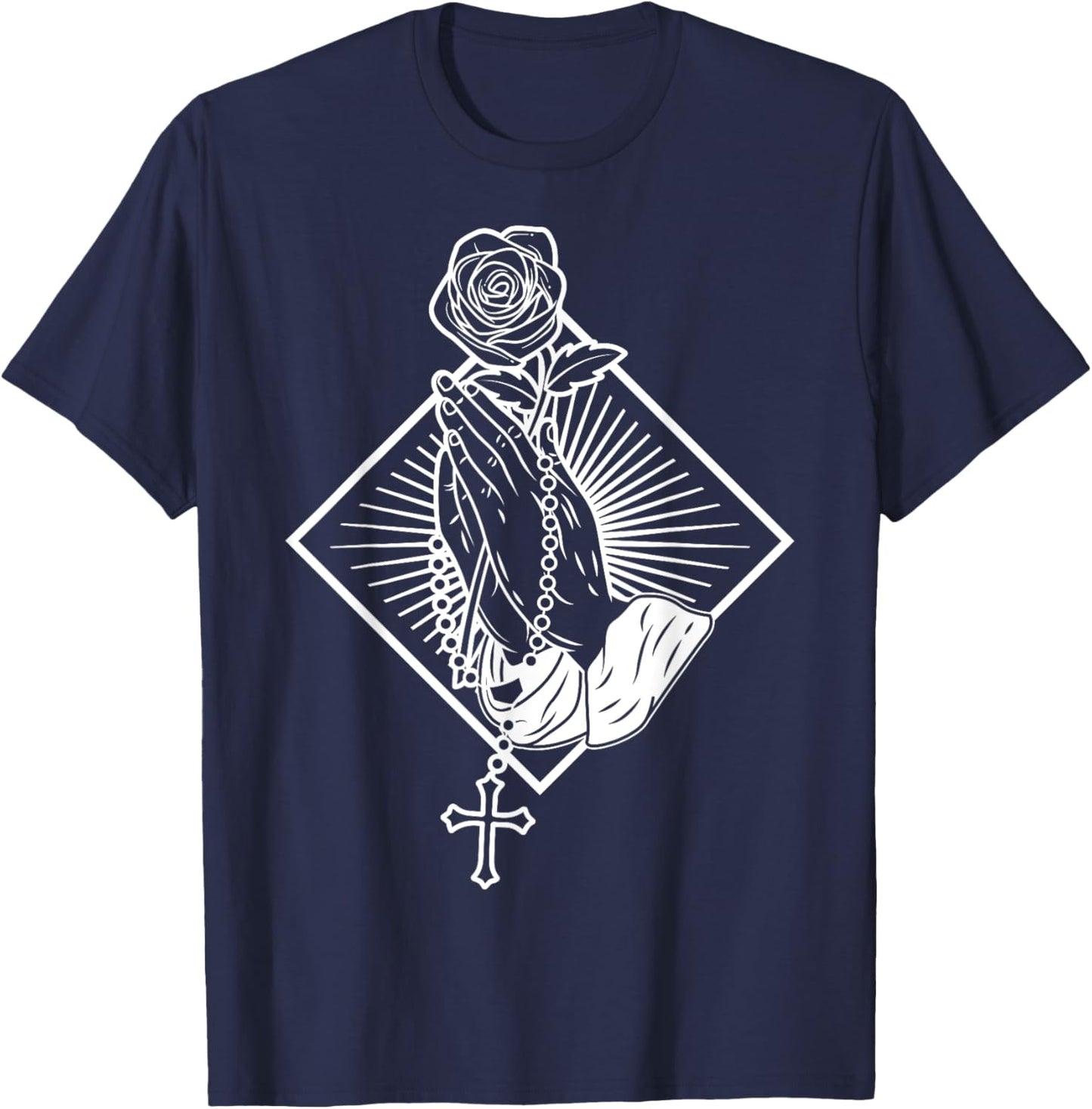 Praying hands with rose and rosary T-Shirt - T-Shirt | Navy