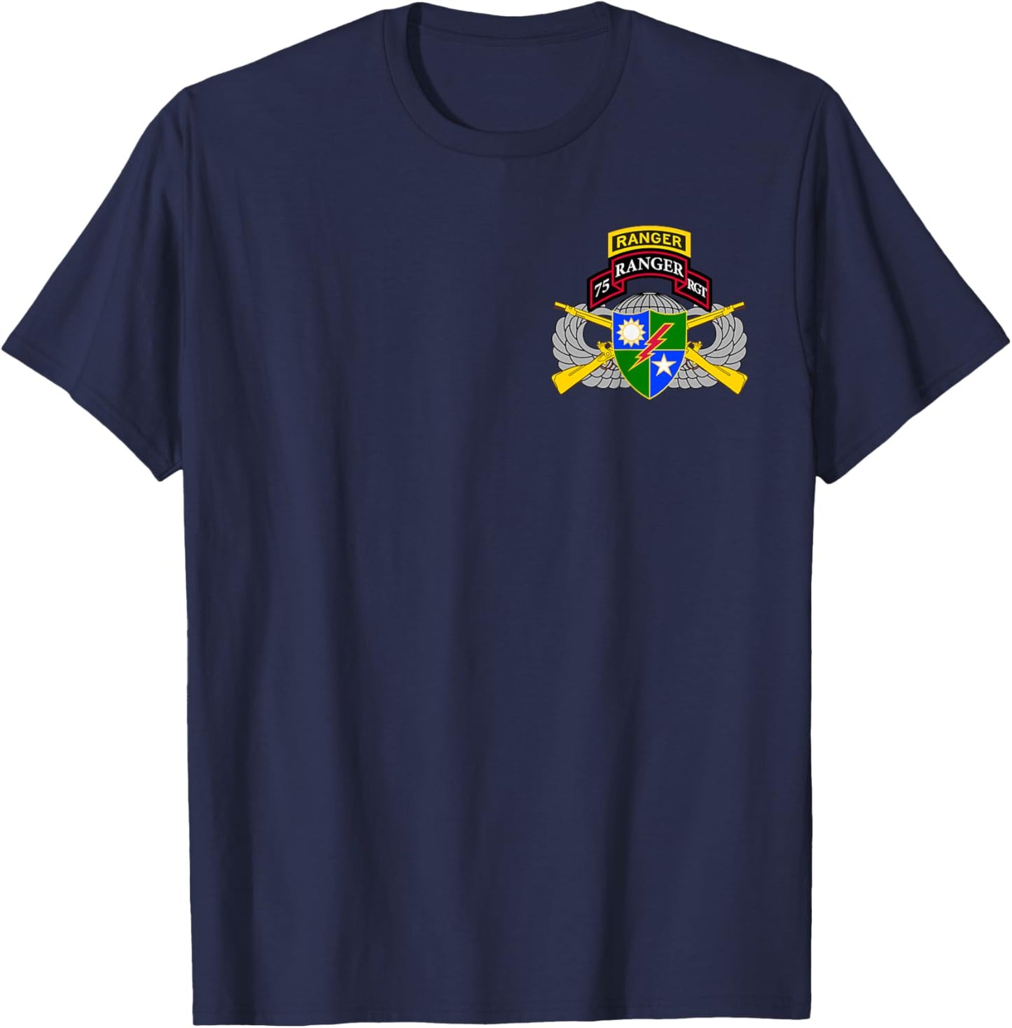 US Army Ranger - 75th Scroll, Tab, Airborne Wings, Rifles T-Shirt - T-Shirt | Navy