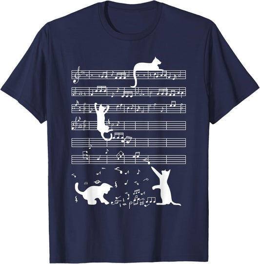 Cute Cat Kitty Playing Music Note Funny Clef Musician Art Men Women Girls Kids T-Shirt - T-Shirt | Navy