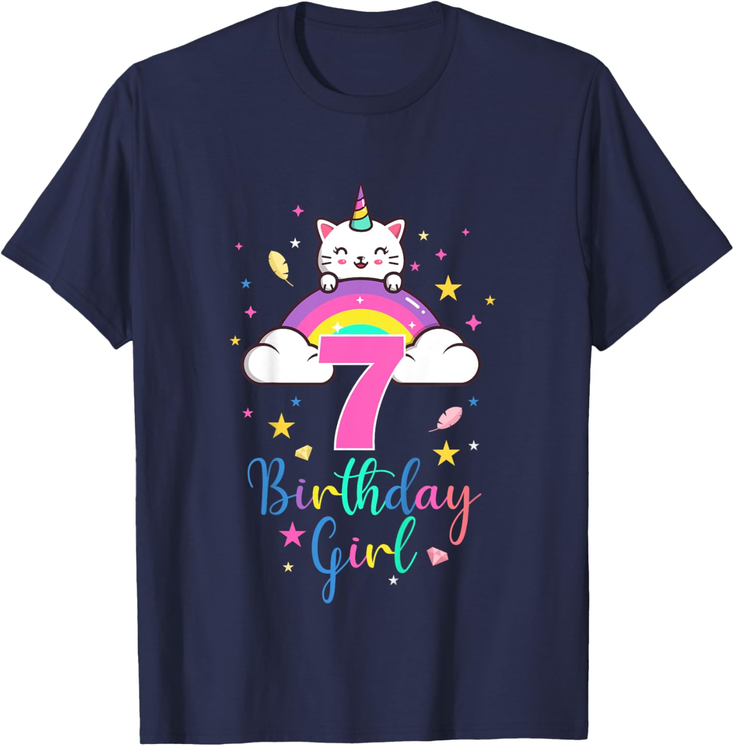 7th Birthday Girl Seven Years Old Birthday Caticorn Rainbow T-Shirt - T-Shirt | Navy