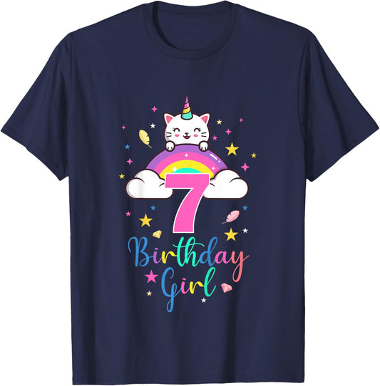 7th Birthday Girl Seven Years Old Birthday Caticorn Rainbow T-Shirt - T-Shirt | Navy