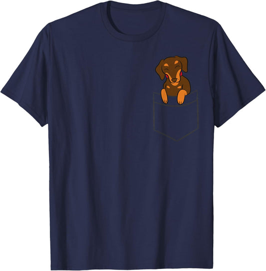 Dachshund Dog Gifts And Dachshund In The Pocket Cute Pocket Dachshund -Adults, -Kids Black Short Sleeve Classic Fit Cotton T-Shirt - T-Shirt | Navy