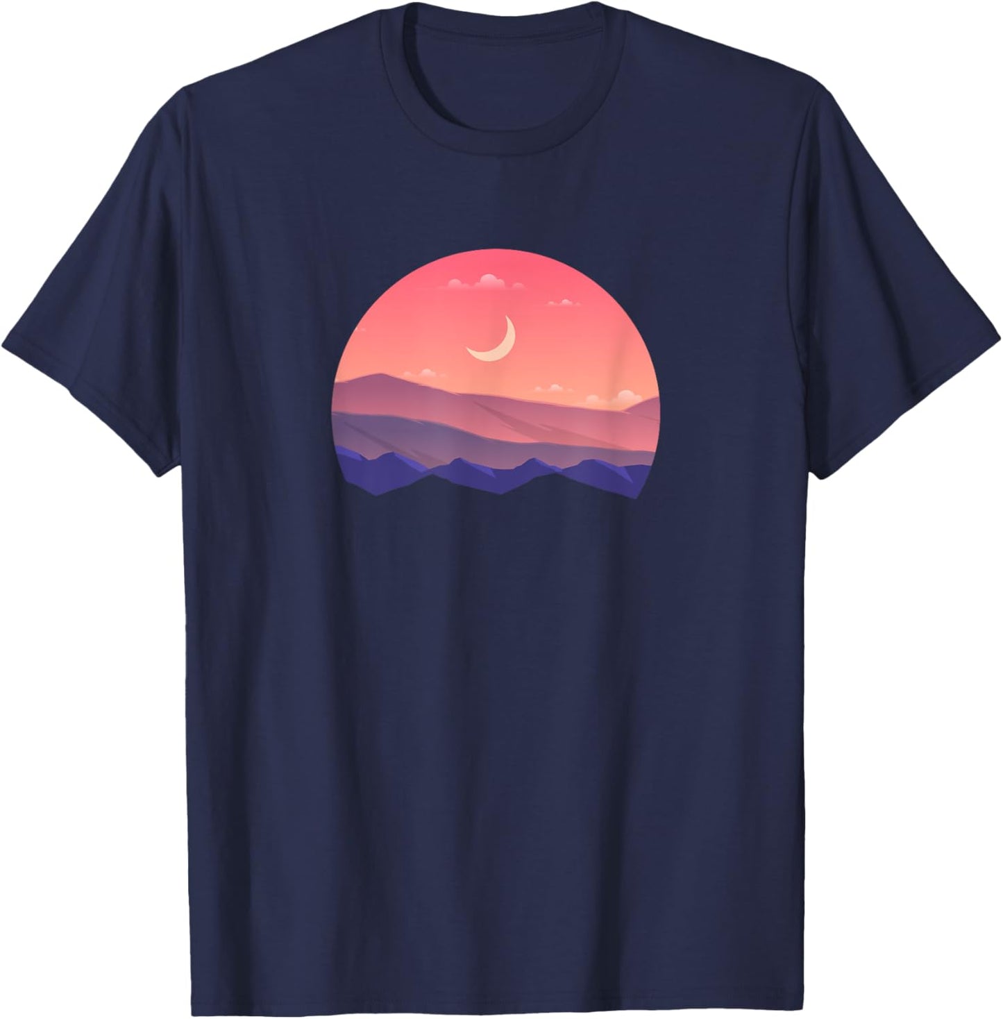 Pink Mountain and Moon Sunset Scene Silhouette T-Shirt - T-Shirt | Navy