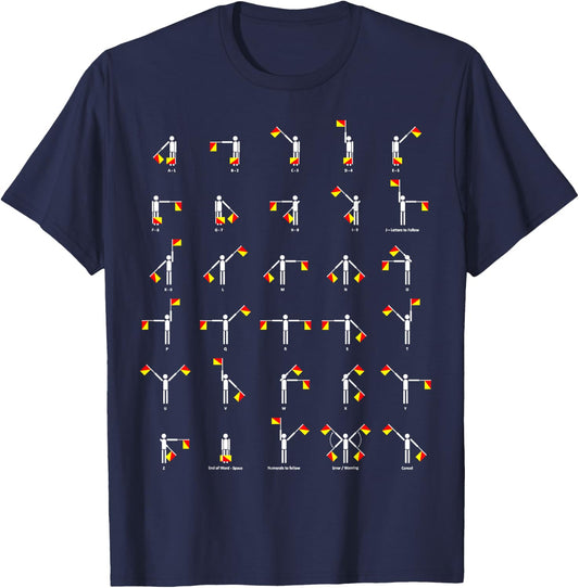 Funny Nerdy Semaphore Flag Alphabet Signalling White T-Shirt - T-Shirt | Navy