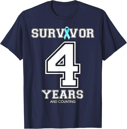 4 Years Ovarian Cancer Survivor Teal Ribbon Gift T-Shirt - T-Shirt | Navy