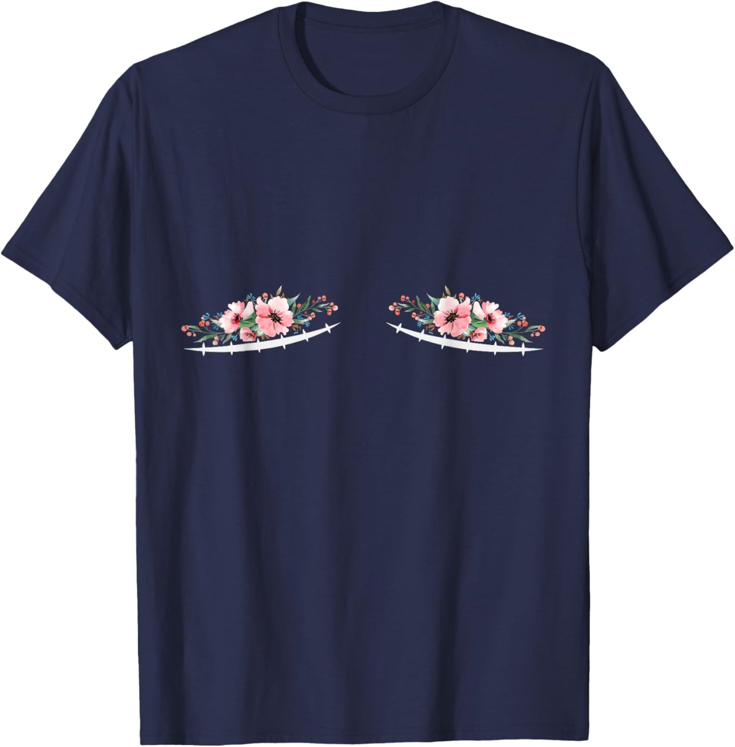 Double Mastectomy Scars with Flowers Breast Cancer T-Shirt - T-Shirt | Navy