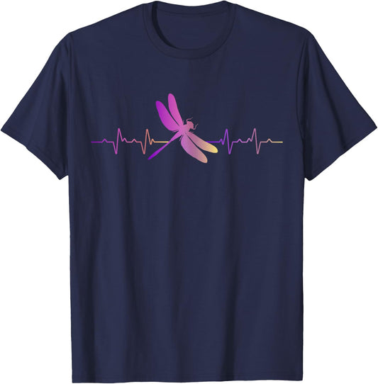 Dragonfly Heartbeat Line Art Beautiful Dragonfly Insect T-Shirt - T-Shirt | Navy