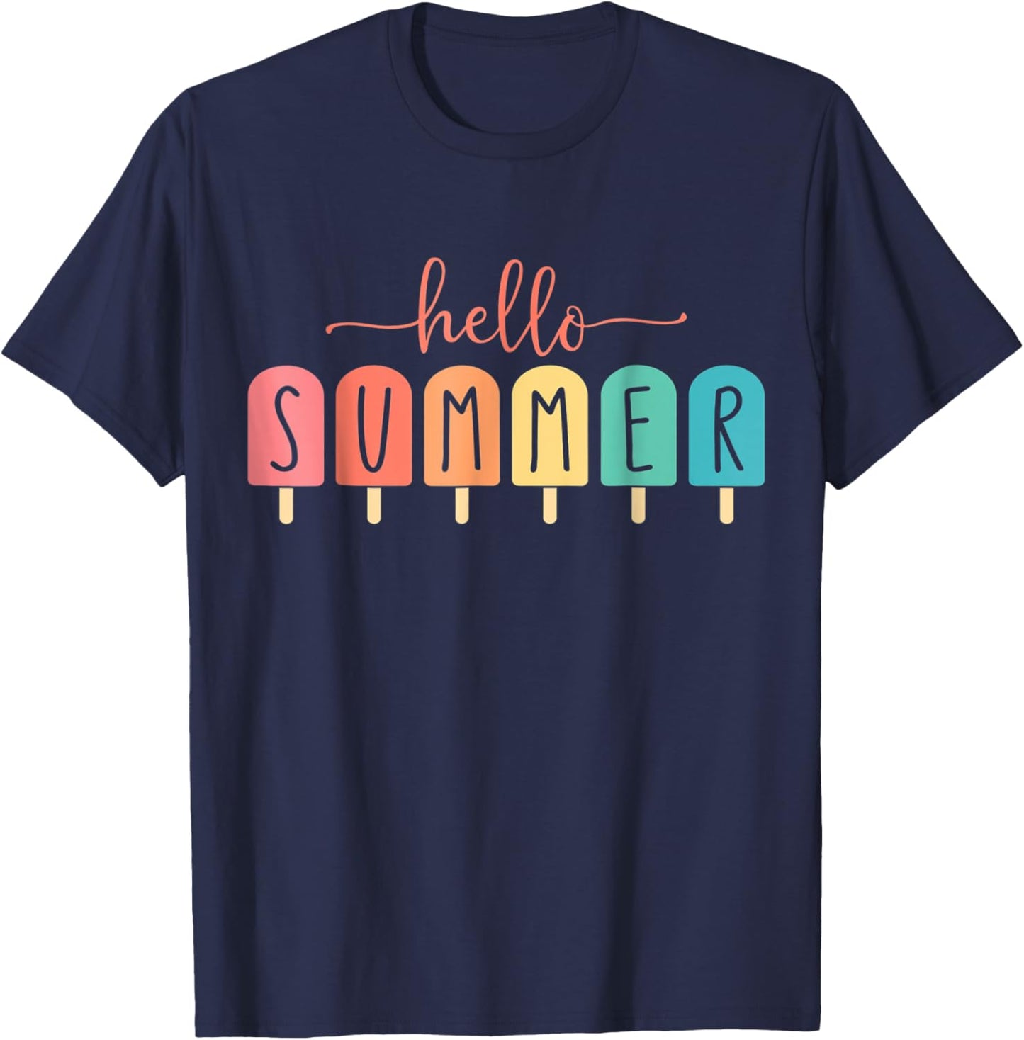 Hello Summer Vacation Ice Cream Popsicle Ice Lolly Men Women Girls Kids T-Shirt - T-Shirt | Navy
